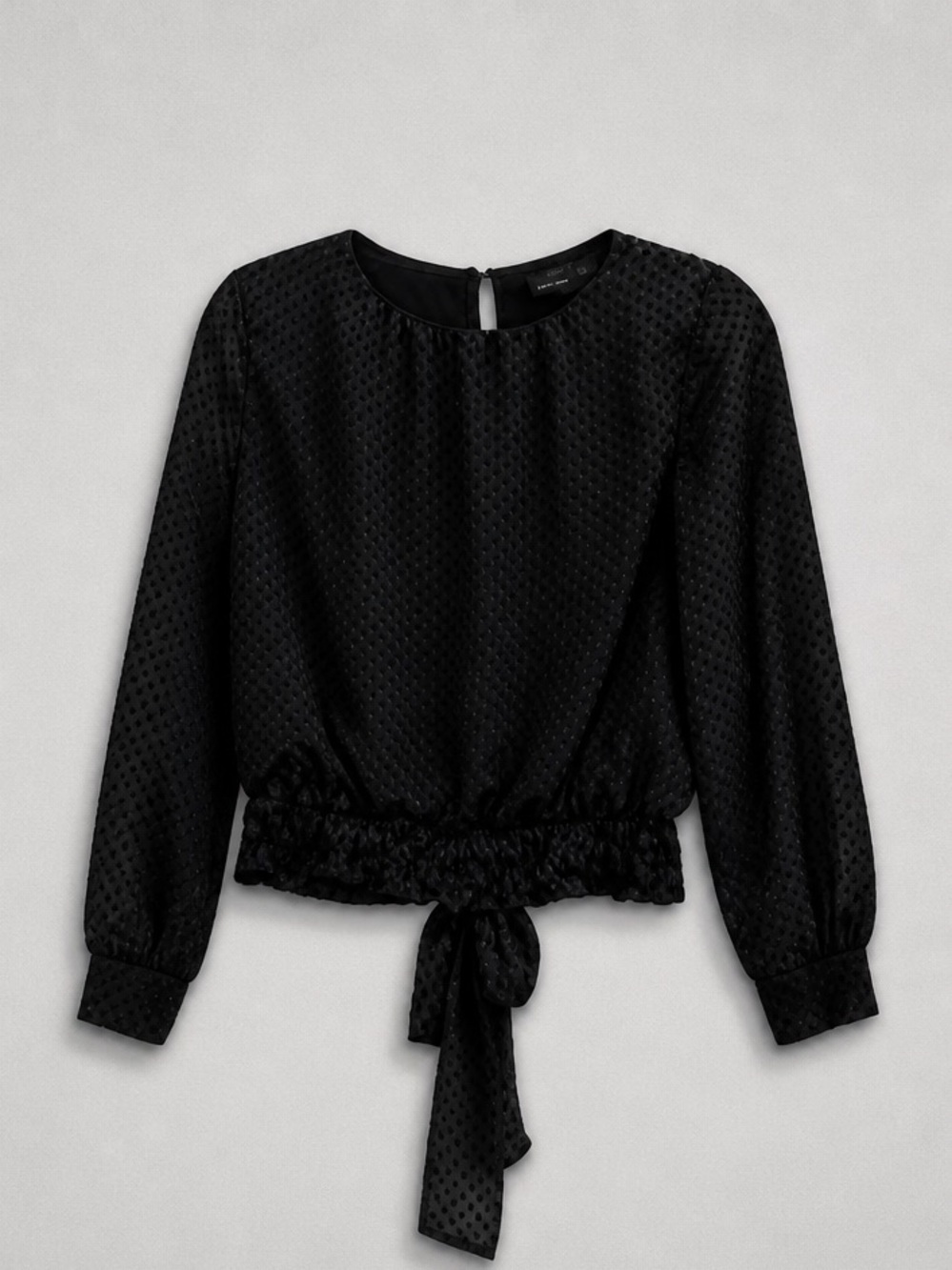 Textured Black Long-Sleeve Tie-Hem Blouse